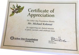 Arbor Day Foundation Certificate of Appreciation Awarded to Michael Kolenut